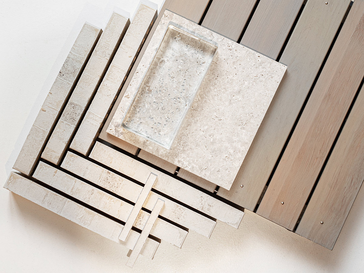Moodboard mit Klinker im Langformat in Cremetönen 